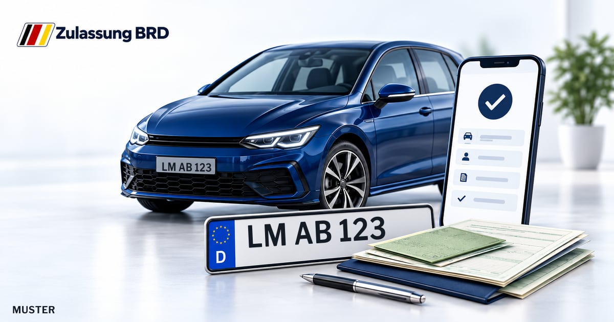 Online Fahrzeugzulassung in Villmar: Musterkennzeichen LM AB 123, Auto und Fahrzeugpapiere und Smartphone. Illustration mit Logo von Zulassung BRD.